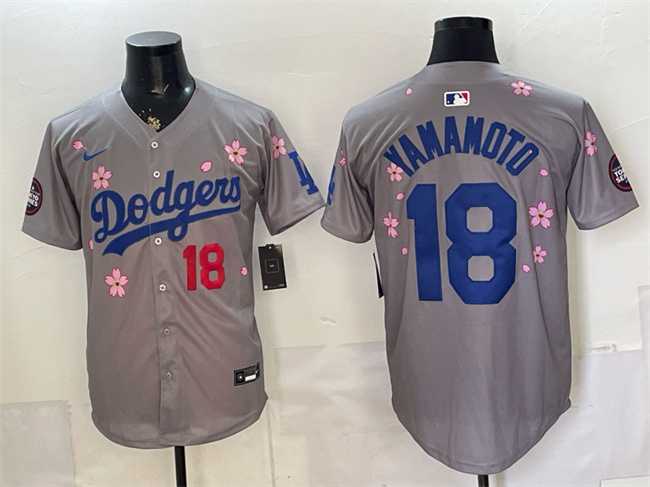 Mens Los Angeles Dodgers #18 Yoshinobu Yamamoto Grey 2025 Tokyo Series Limited Stitched Jersey