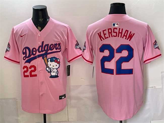 Mens Los Angeles Dodgers #22 Clayton Kershaw Pink Hello Kitty Night 2025 World Series Champions Patch Stitched Jersey Dzhi