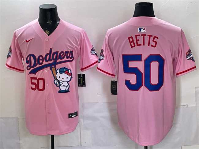 Mens Los Angeles Dodgers #50 Mookie Betts Pink Hello Kitty Night 2025 World Series Champions Patch Stitched Jersey Dzhi