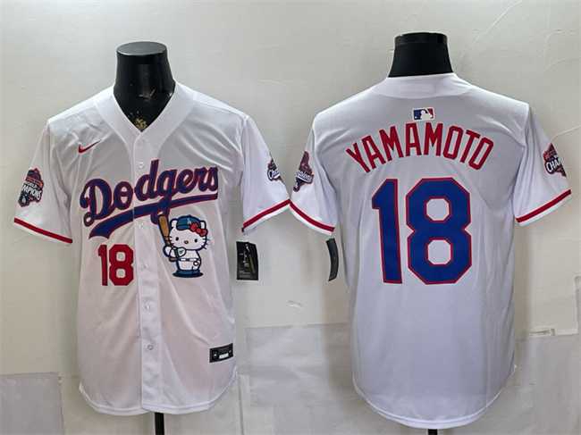 Mens Los Angeles Dodgers #18 Yoshinobu Yamamoto White Hello Kitty Night 2025 World Series Champions Patch Stitched Jersey Dzhi