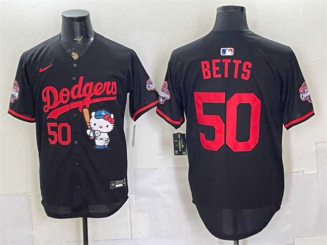 Mens Los Angeles Dodgers #50 Mookie Betts Black Hello Kitty Night 2025 World Series Champions Patch Stitched Jersey Dzhi