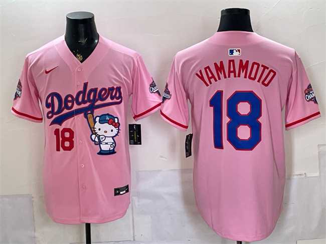 Mens Los Angeles Dodgers #18 Yoshinobu Yamamoto Pink Hello Kitty Night 2025 World Series Champions Patch Stitched Jersey Dzhi