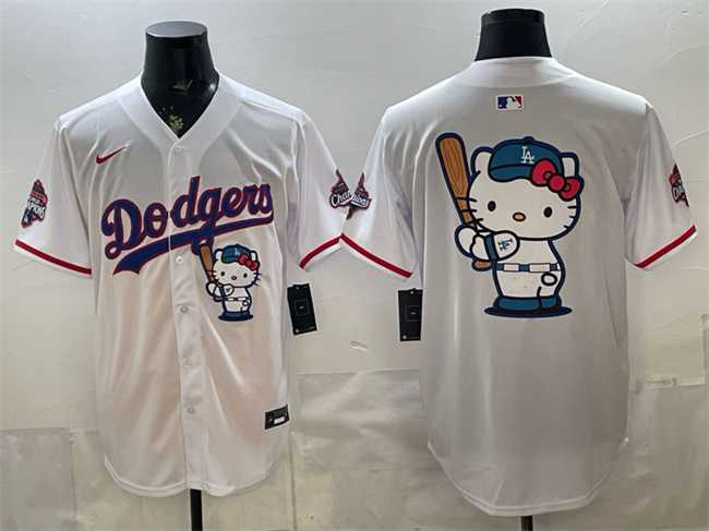 Mens Los Angeles Dodgers Team Big Logo White Hello Kitty Night 2025 World Series Champions Patch Stitched Jersey Dzhi