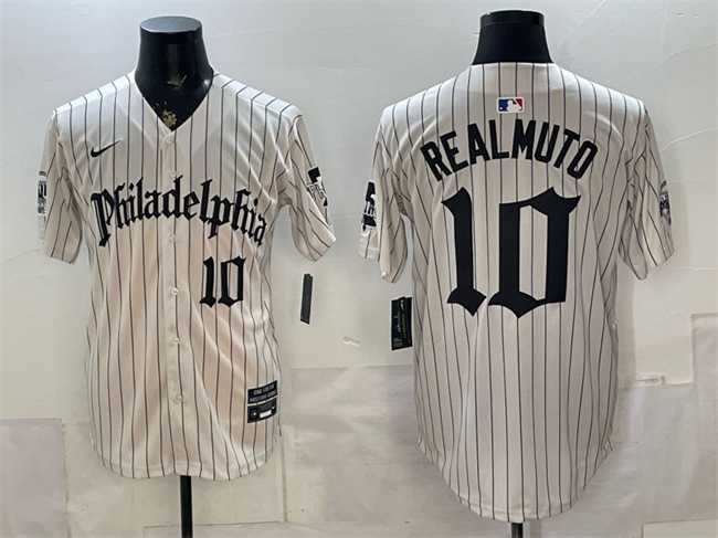Mens Philadelphia Phillies #10 J.T. Realmuto Cream Pinstripe Gothic Vapor Limited Stitched Jersey