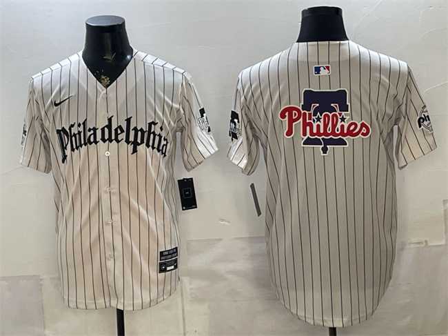 Mens Philadelphia Phillies Team Big Logo Cream Pinstripe Gothic Vapor Limited Stitched Jersey Dzhi