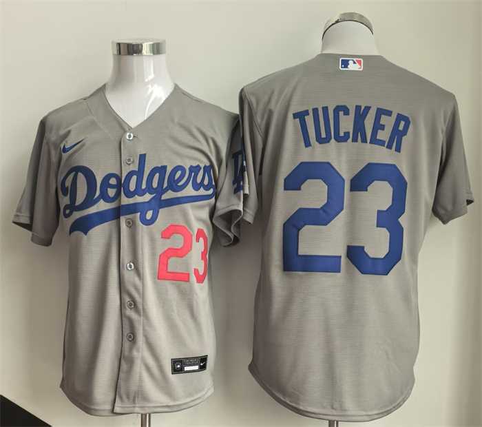 Mens Los Angeles Dodgers #23 Kyle Tucker Grey Cool Base Limited Stitched Jersey
