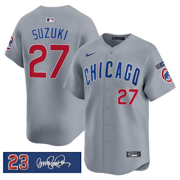 Mens Chicago Cubs #27 Seiya Suzuki Gray Ryne Sandberg Tribute Vapor Limited V3 Stitched Jersey Dzhi