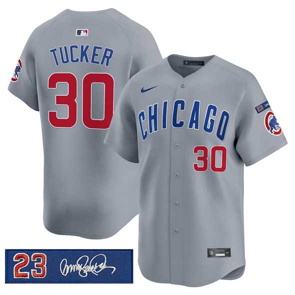 Mens Chicago Cubs #30 Kyle Tucker Gray Ryne Sandberg Tribute Vapor Limited V3 Stitched Jersey Dzhi