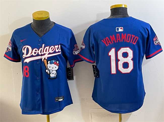 Womens Los Angeles Dodgers #18 Yoshinobu Yamamoto Royal Hello Kitty Night 2025 World Series Champions Patch Stitched Jersey Dzhi