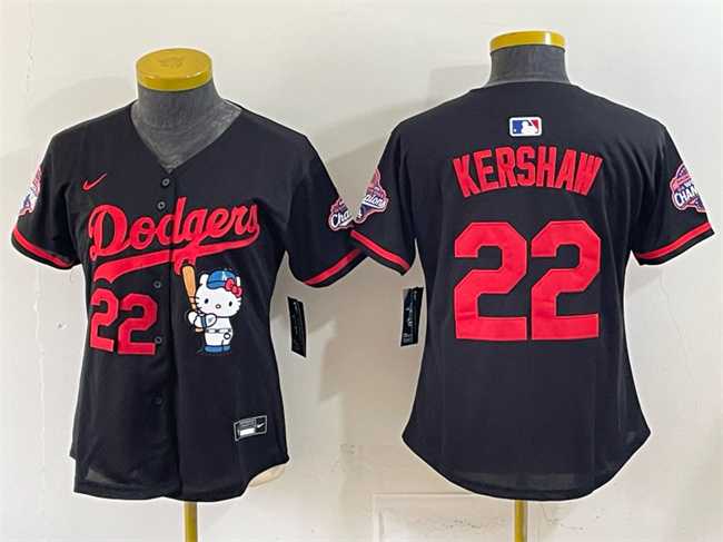 Womens Los Angeles Dodgers #22 Clayton Kershaw Black Hello Kitty Night 2025 World Series Champions Patch Stitched Jersey Dzhi