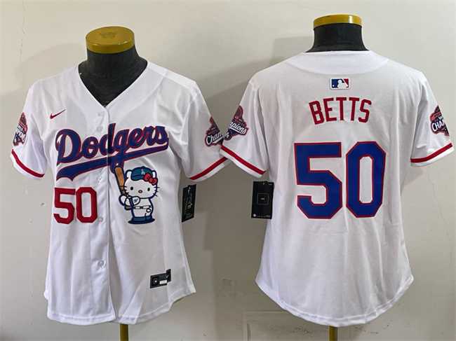 Womens Los Angeles Dodgers #50 Mookie Betts White Hello Kitty Night 2025 World Series Champions Patch Stitched Jersey Dzhi