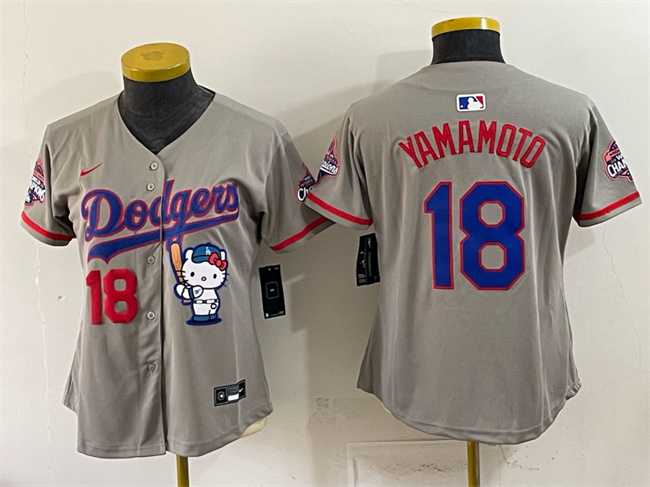 Womens Los Angeles Dodgers #18 Yoshinobu Yamamoto Grey Hello Kitty Night 2025 World Series Champions Patch Stitched Jersey Dzhi