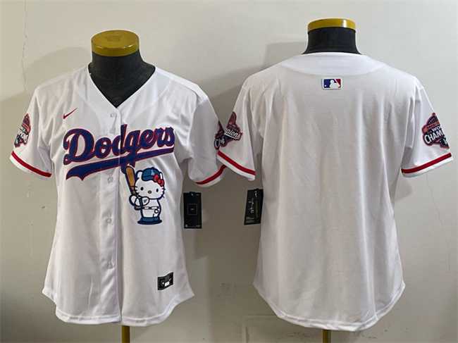 Womens Los Angeles Dodgers Blank White Hello Kitty Night 2025 World Series Champions Patch Stitched Jersey Dzhi