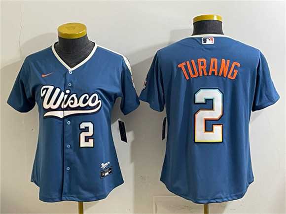 Womens Milwaukee Brewers #2 Brice Turang Mineral Blue 2026 City Connect Stadium Stitched Jersey