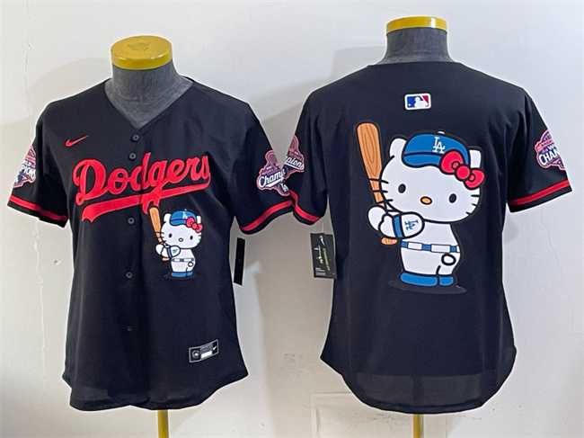 Womens Los Angeles Dodgers Team Big Logo Black Hello Kitty Night 2025 World Series Champions Patch Stitched Jersey Dzhi