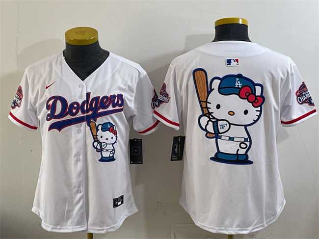 Womens Los Angeles Dodgers Team Big Logo White Hello Kitty Night 2025 World Series Champions Patch Stitched Jersey Dzhi