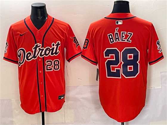 Mens Detroit Tigers #28 Javier Baez Orange With Patch Vapor Premier Limited Stitched Jersey