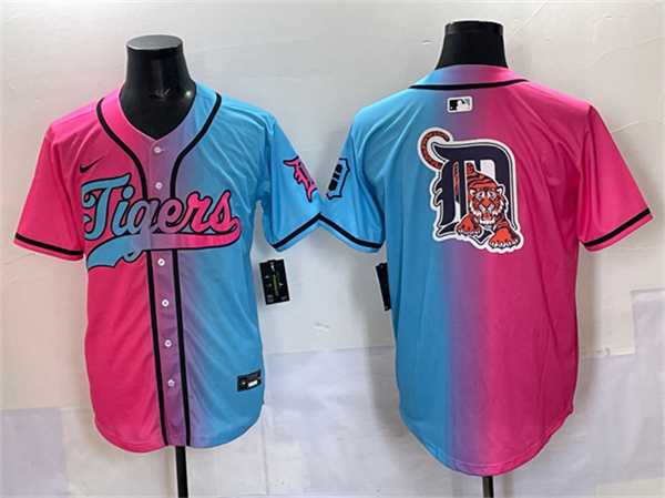 Mens Detroit Tigers Team Big Logo Pink Blue Limited Stitched Jersey