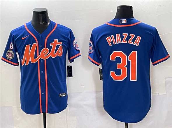 Mens New York Mets #31 Mike Piazza Blue With Patch Cool Base Stitched Jersey