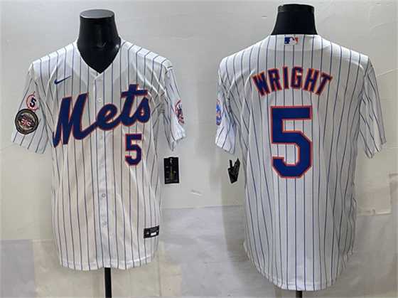 Mens New York Mets #5 David Wright White With Patch Stitched Jersey
