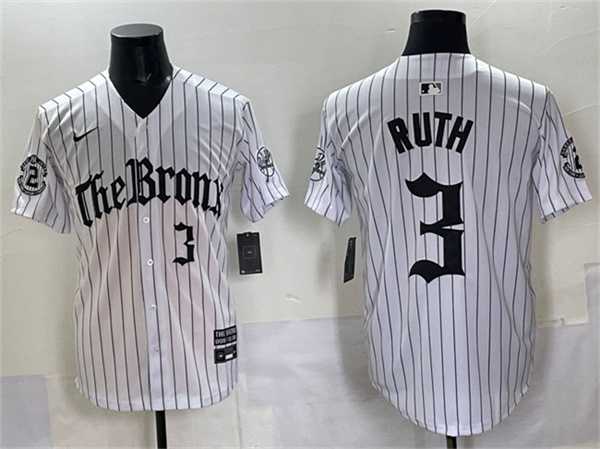 Mens New York Yankees #3 Babe Ruth White Pinstripe Gothic Legacy Edition Vapor Premier Limited Stitched Jersey