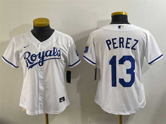 Youth Kansas City Royals #13 Salvador Perez White Cool Base Stitched Jersey