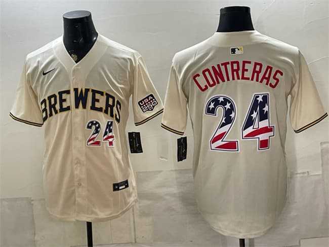 Mens Milwaukee Brewers #24 William Contreras Cream 2026 USA 250 Fourth of July Home Stadium Stitched Jersey Dzhi