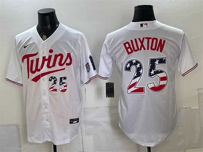 Mens Minnesota Twins #25 Byron Buxton White 2026 USA 250 Fourth of July Stitched Jersey Dzhi
