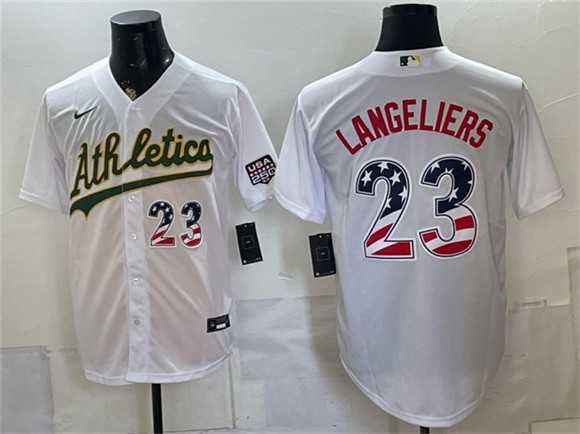 Mens Oakland Athletics #23 Shea Langeliers White 250 Fourth of July Home Stadium Stitched Jersey Dzhi