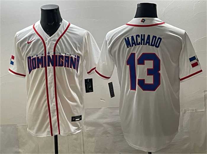 Mens Dominican Republic Baseball #13 Manny Machado White 2026 World Baseball Classic Home Stadium Stitched Jersey