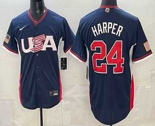 Mens USA #24 Bryce Harper Navy 2026 World Baseball Classic Cool Base Jersey
