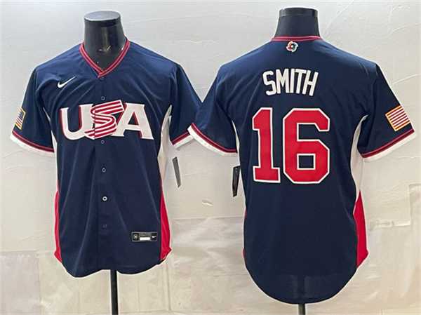 Mens USA Baseball #16 Will Smith Navy 2026 World Baseball Classic Road Stadium Stitched Jersey