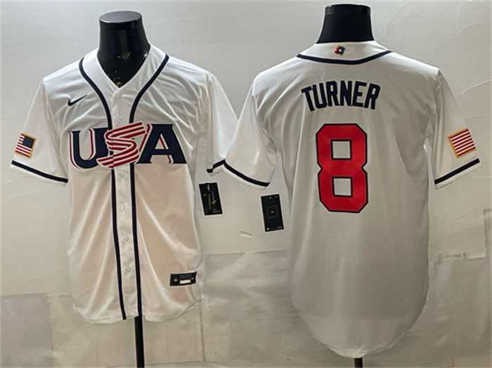 Mens USA Baseball #8 Trea Turner White 2026 World Baseball Classic Home Stadium Stitched Jersey