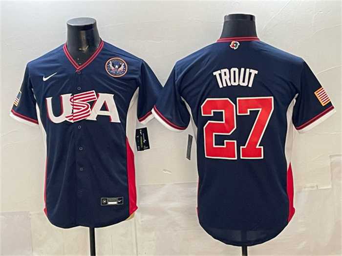 Mens USA Baseball #27 Mike Trout Navy 2026 World Baseball Classic United States 250th Anniversary Patch Road Stadium Stitched Jersey
