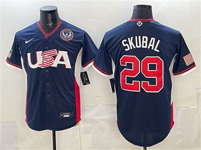 Mens USA Baseball #29 Tarik Skubal Navy 2026 World Baseball Classic United States 250th Anniversary Patch Road Stadium Stitched Jersey