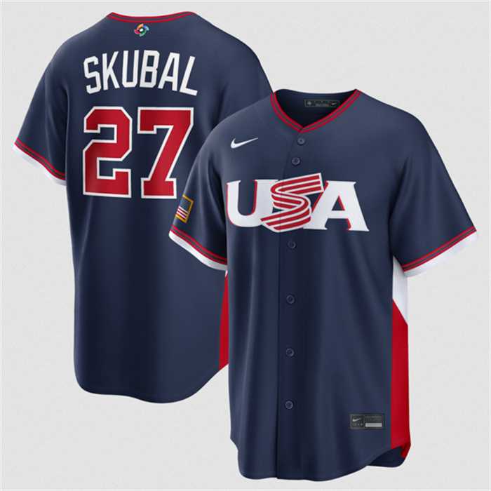 Mens USA Baseball #27 Tarik Skubal Navy 2026 World Baseball Classic Road Stadium Stitched Jersey
