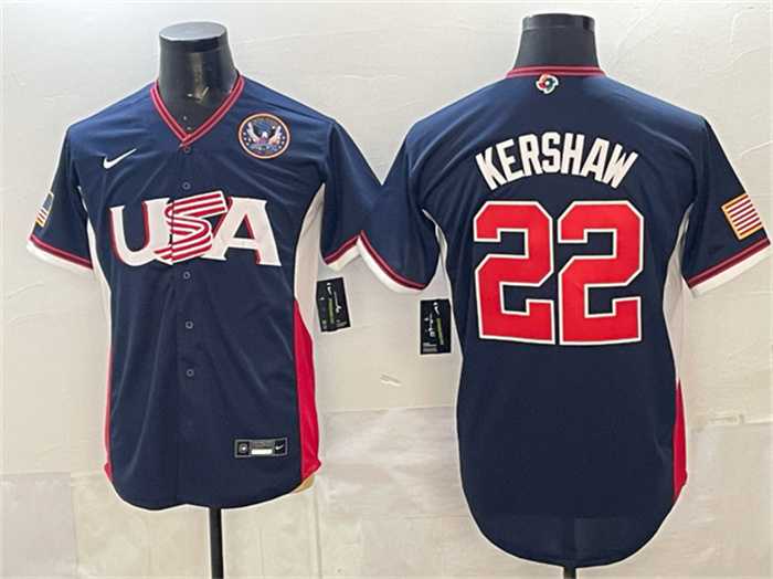 Mens USA Baseball #22 Clayton Kershaw Navy 2026 World Baseball Classic United States 250th Anniversary Patch Road Stadium Stitched Jersey