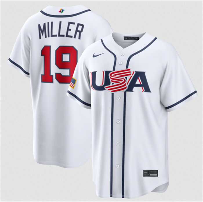 Mens USA Baseball #19 Mason Miller White 2026 World Baseball Classic Home Stadium Stitched Jersey