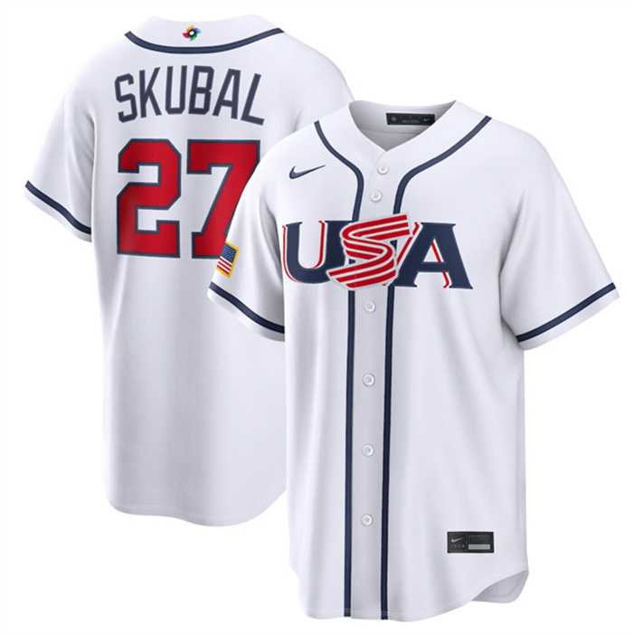Mens USA Baseball #27 Tarik Skubal White 2026 World Baseball Classic Home Stadium Stitched Jersey