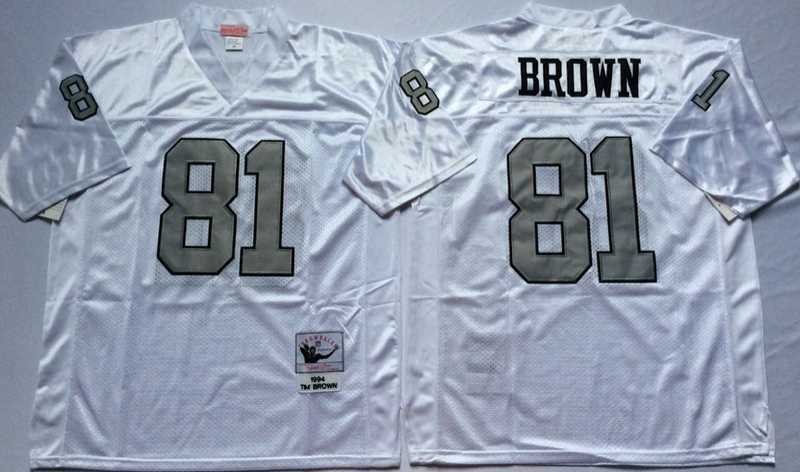 Mens Raiders #81 Tim Brown White Silver Throwback Stitched Football Jersey