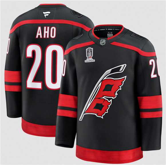 Mens Carolina Hurricanes #20 Sebastian Aho Black 2026 Stanley Cup Champions Home Stitched Jersey Dzhi