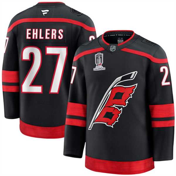 Mens Carolina Hurricanes #27 Nikolaj Ehlers Black 2026 Stanley Cup Champions Home Stitched Jersey Dzhi