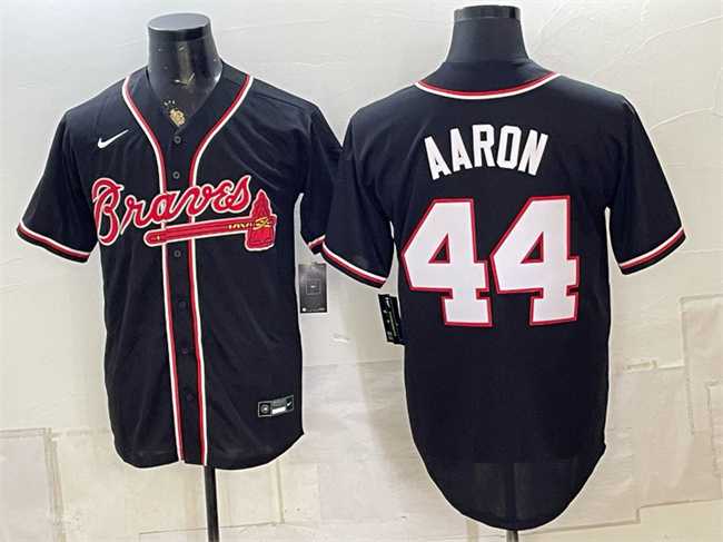 Mens Atlanta Braves #44 Hank Aaron 2026 Fashion Replica Black Out Stitched Jersey