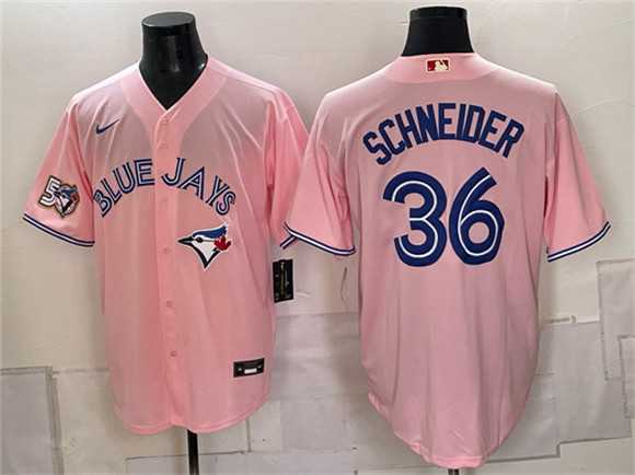 Mens Toronto Blue Jays #36 Davis Schneider Pink 50 Seasons Patch Stitched Jersey