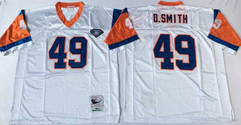 Mens Denver Broncos #49 Dennis Smith White Throwback Stitched Football Jersey