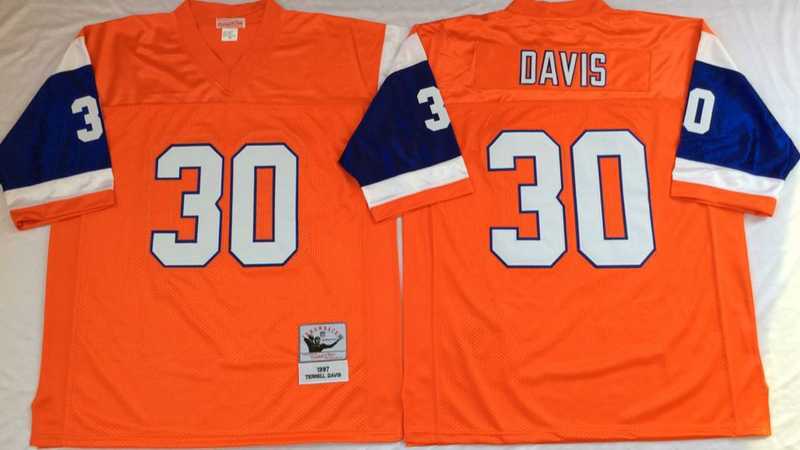 Mens Denver Broncos #30 Terrell Davis Orange Throwback Stitched Football Jersey