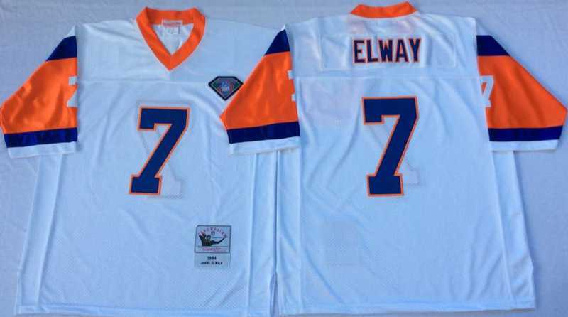 Mens Denver Broncos #7 John Elway White Throwback Stitched Football Jersey