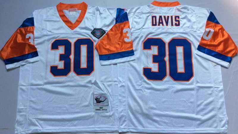Mens Denver Broncos #30 Terrell Davis White Throwback Stitched Football Jersey
