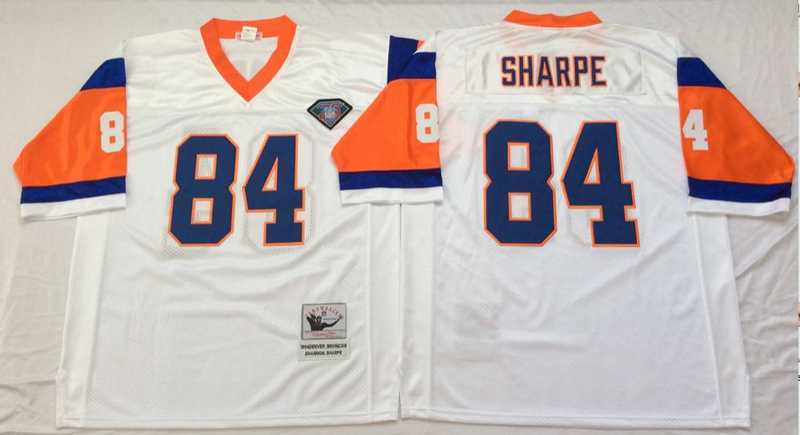 Mens Denver Broncos #84 Shannon Sharpe White Throwback Stitched Football Jersey