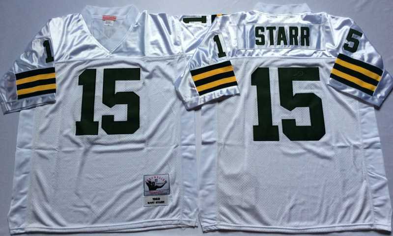 Mens Green Bay Packers #15 Bart Starr White Throwback Stitched Football Jersey